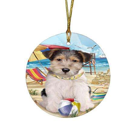 Pet Friendly Beach Fox Terrier Dog Round Flat Christmas Ornament RFPOR50028