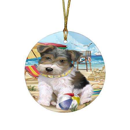 Pet Friendly Beach Fox Terrier Dog Round Flat Christmas Ornament RFPOR50029
