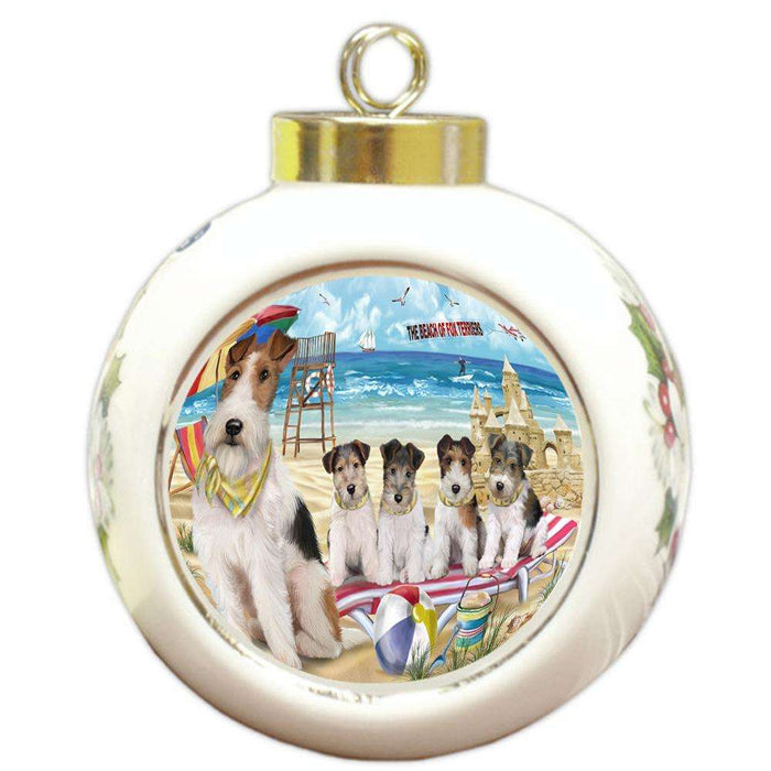 Pet Friendly Beach Fox Terriers Dog Round Ball Christmas Ornament RBPOR50034