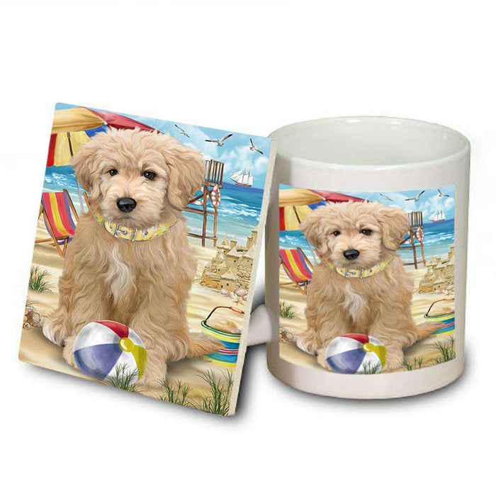 Pet Friendly Beach Goldendoodle Dog Mug and Coaster Set MUC51556