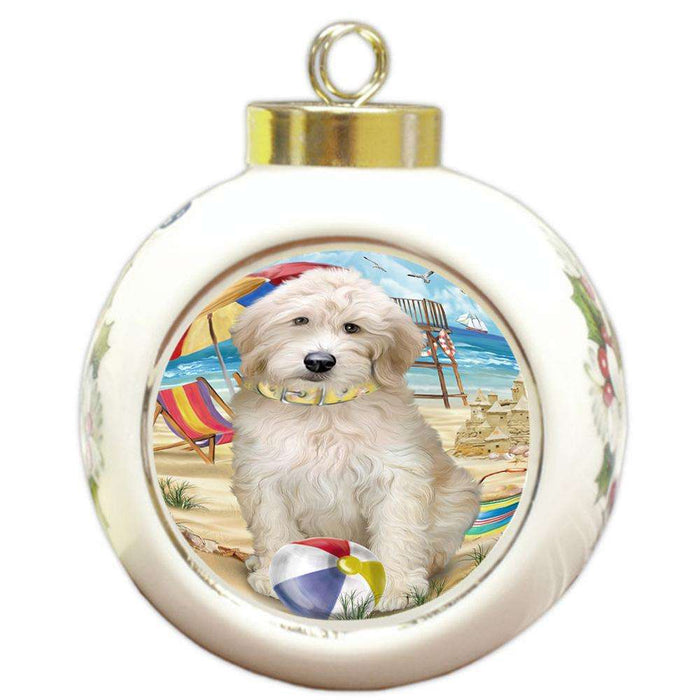 Pet Friendly Beach Goldendoodle Dog Round Ball Christmas Ornament RBPOR51563