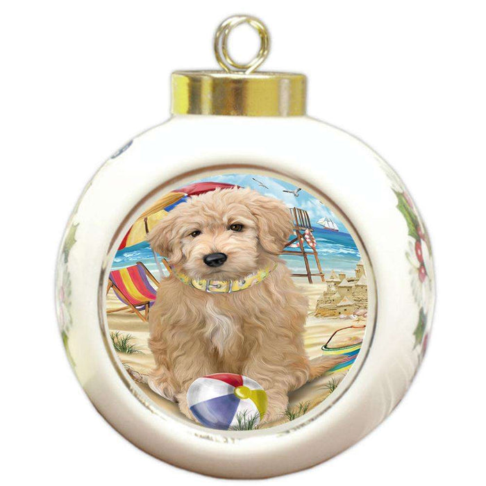 Pet Friendly Beach Goldendoodle Dog Round Ball Christmas Ornament RBPOR51564
