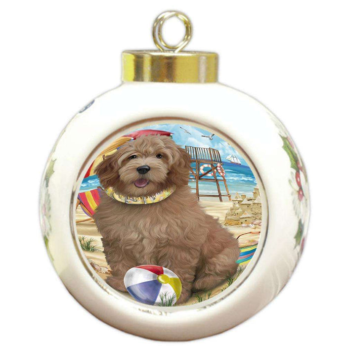 Pet Friendly Beach Goldendoodle Dog Round Ball Christmas Ornament RBPOR51566