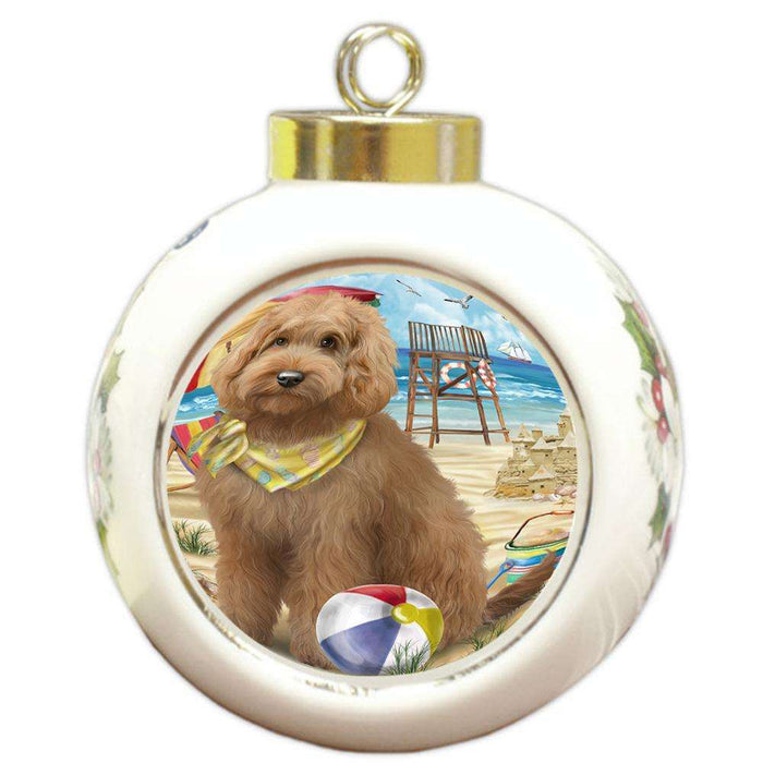 Pet Friendly Beach Goldendoodle Dog Round Ball Christmas Ornament RBPOR51567