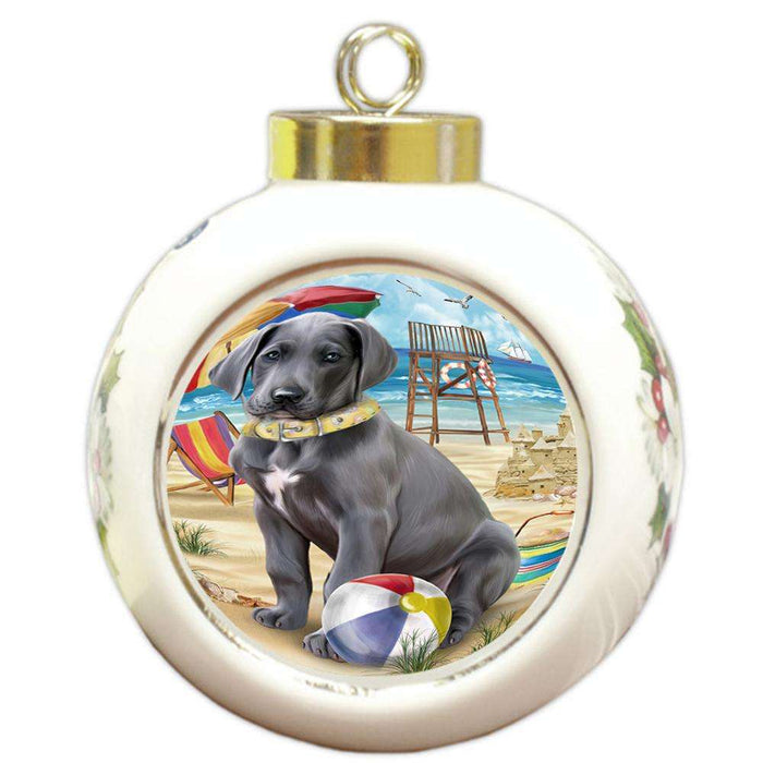 Pet Friendly Beach Great Dane Dog Round Ball Christmas Ornament RBPOR48649