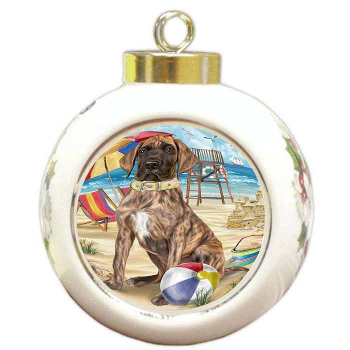 Pet Friendly Beach Great Dane Dog Round Ball Christmas Ornament RBPOR48651