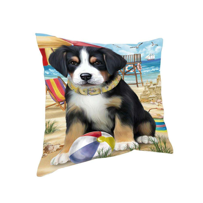 Pet Friendly Beach Greater Swiss Mountain Dog Pillow PIL62644