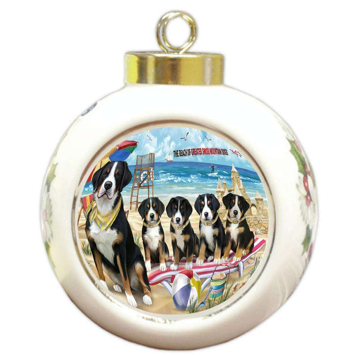 Pet Friendly Beach Greater Swiss Mountain Dog Round Ball Christmas Ornament RBPOR51568