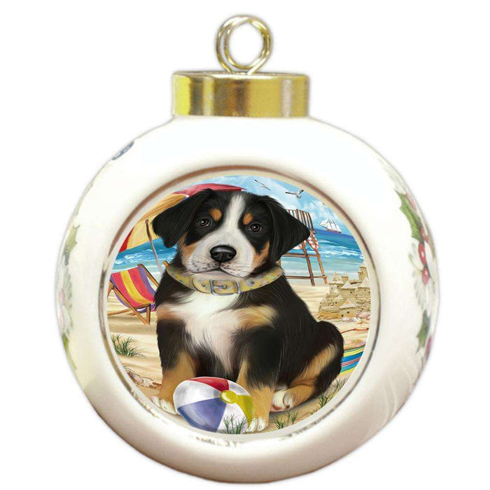 Pet Friendly Beach Greater Swiss Mountain Dog Round Ball Christmas Ornament RBPOR51569