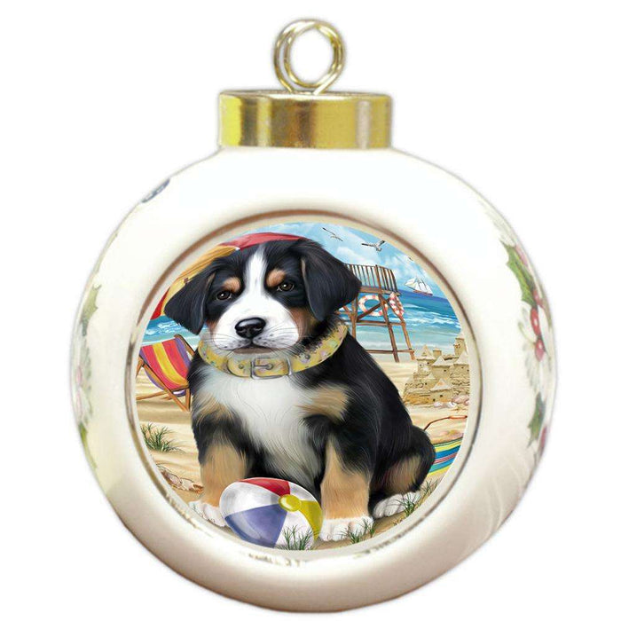 Pet Friendly Beach Greater Swiss Mountain Dog Round Ball Christmas Ornament RBPOR51570