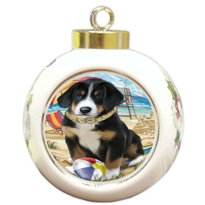 Pet Friendly Beach Greater Swiss Mountain Dog Round Ball Christmas Ornament RBPOR51571