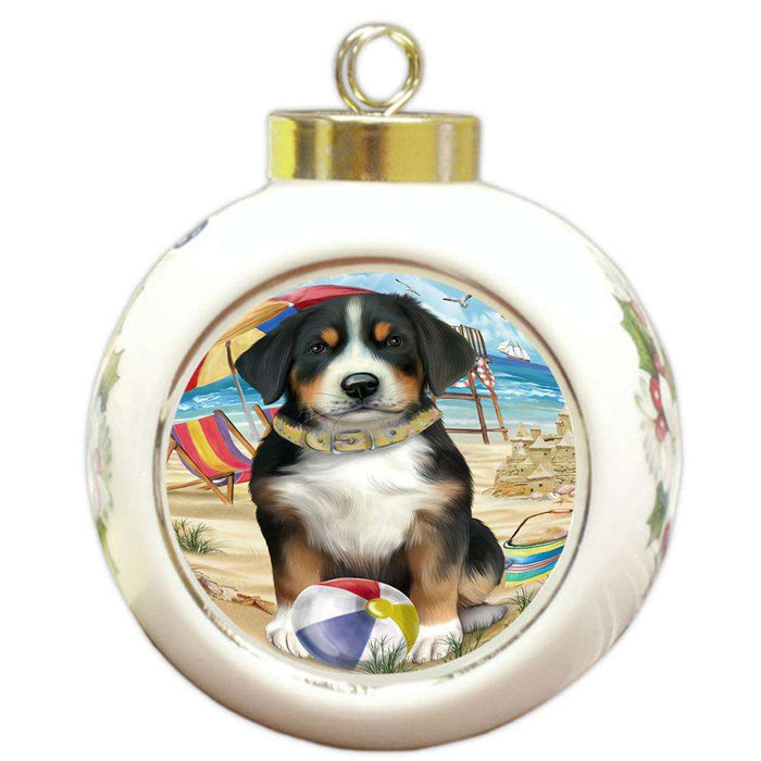 Pet Friendly Beach Greater Swiss Mountain Dog Round Ball Christmas Ornament RBPOR51572