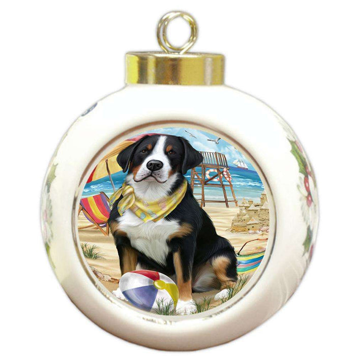 Pet Friendly Beach Greater Swiss Mountain Dog Round Ball Christmas Ornament RBPOR51573