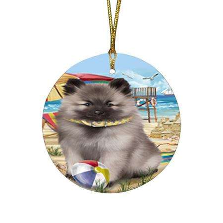 Pet Friendly Beach Keeshond Dog Round Flat Christmas Ornament RFPOR51572
