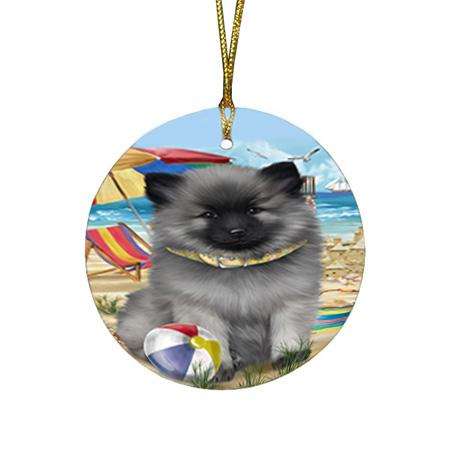 Pet Friendly Beach Keeshond Dog Round Flat Christmas Ornament RFPOR51573