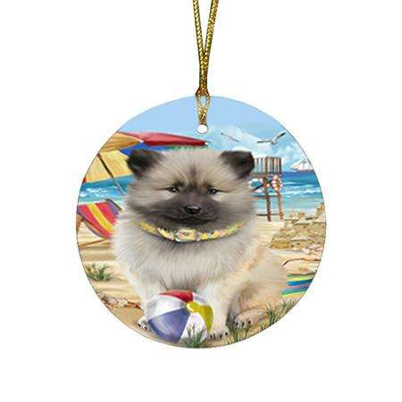 Pet Friendly Beach Keeshond Dog Round Flat Christmas Ornament RFPOR51574