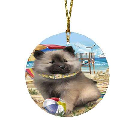 Pet Friendly Beach Keeshond Dog Round Flat Christmas Ornament RFPOR51575