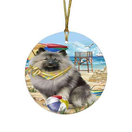 Pet Friendly Beach Keeshond Dog Round Flat Christmas Ornament RFPOR51576