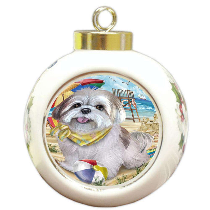 Pet Friendly Beach Lhasa Apso Dog Round Ball Christmas Ornament RBPOR50047