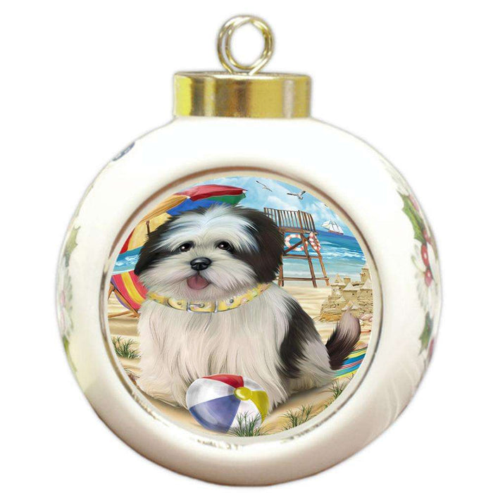 Pet Friendly Beach Lhasa Apso Dog Round Ball Christmas Ornament RBPOR50048