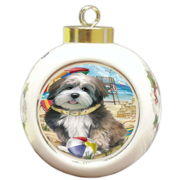 Pet Friendly Beach Lhasa Apso Dog Round Ball Christmas Ornament RBPOR50049