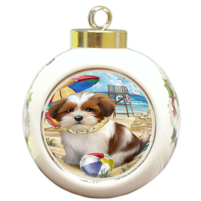 Pet Friendly Beach Lhasa Apso Dog Round Ball Christmas Ornament RBPOR50051