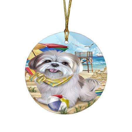 Pet Friendly Beach Lhasa Apso Dog Round Flat Christmas Ornament RFPOR50038