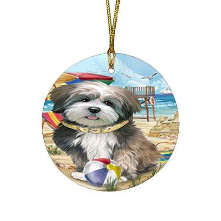 Pet Friendly Beach Lhasa Apso Dog Round Flat Christmas Ornament RFPOR50040