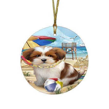 Pet Friendly Beach Lhasa Apso Dog Round Flat Christmas Ornament RFPOR50042