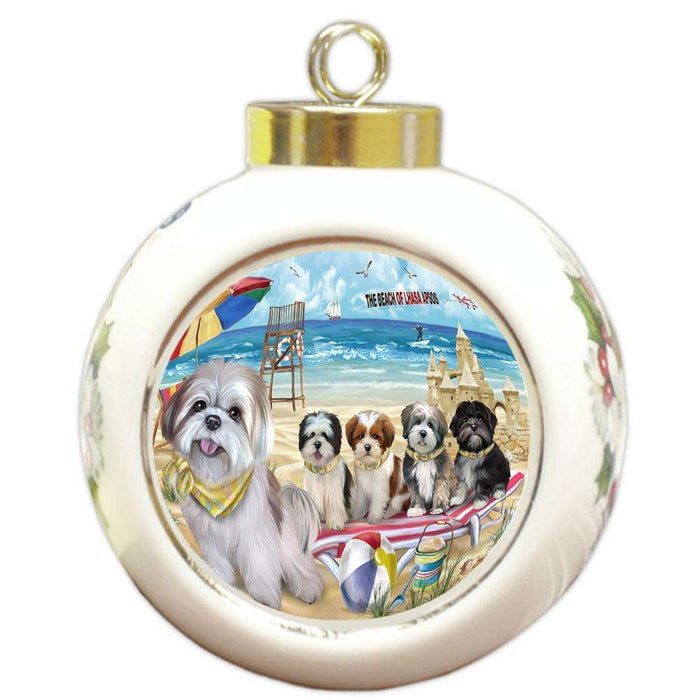 Pet Friendly Beach Lhasa Apsos Dog Round Ball Christmas Ornament RBPOR50046