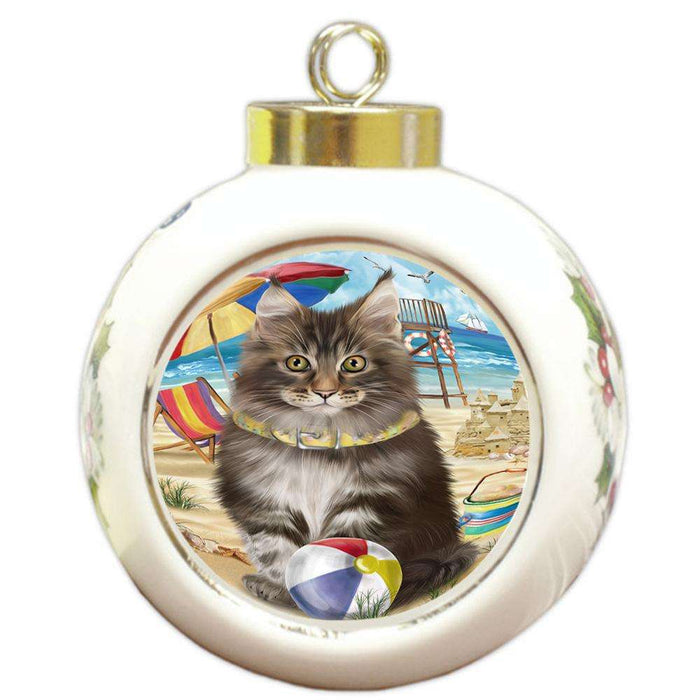 Pet Friendly Beach Maine Coon Cat Round Ball Christmas Ornament RBPOR51586