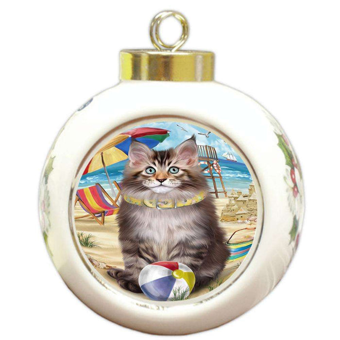 Pet Friendly Beach Maine Coon Cat Round Ball Christmas Ornament RBPOR51589