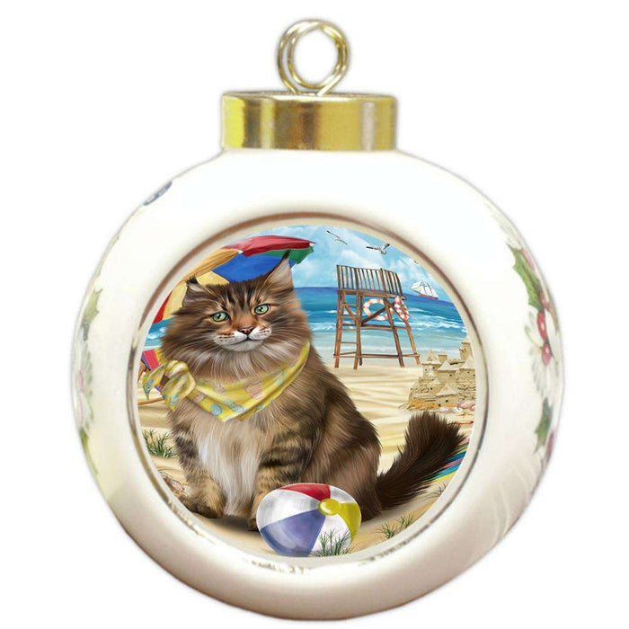 Pet Friendly Beach Maine Coon Cat Round Ball Christmas Ornament RBPOR51590