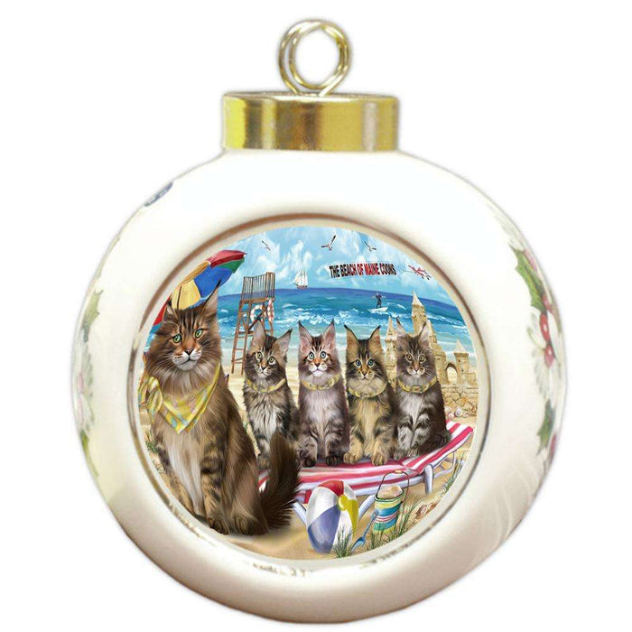 Pet Friendly Beach Maine Coon Cat Round Ball Christmas Ornament RBPOR51591