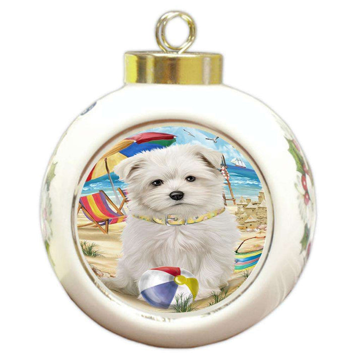 Pet Friendly Beach Maltese Dog Round Ball Christmas Ornament RBPOR50053