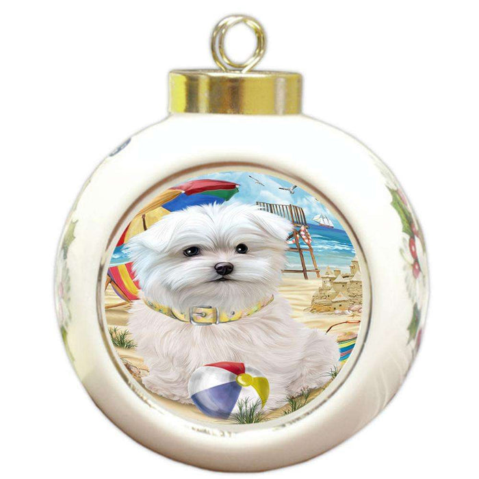 Pet Friendly Beach Maltese Dog Round Ball Christmas Ornament RBPOR50054