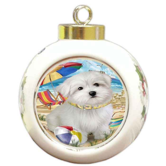 Pet Friendly Beach Maltese Dog Round Ball Christmas Ornament RBPOR50055