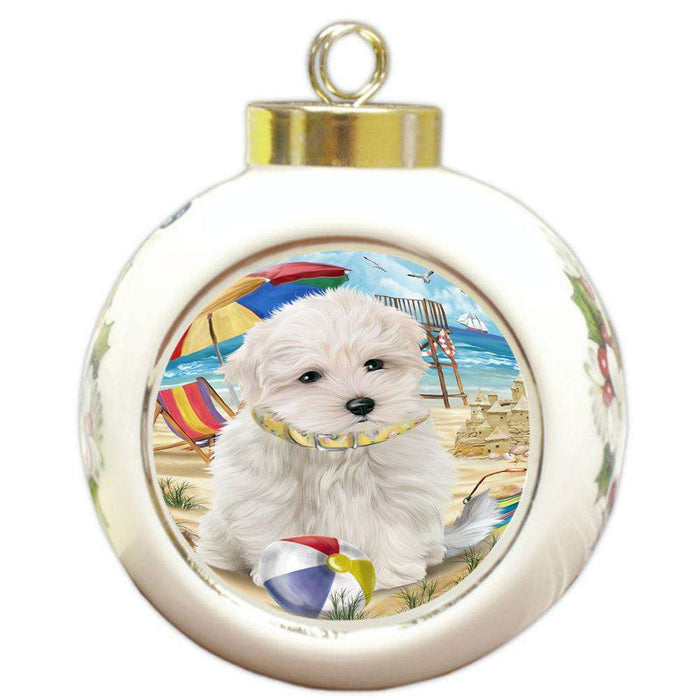 Pet Friendly Beach Maltese Dog Round Ball Christmas Ornament RBPOR50056