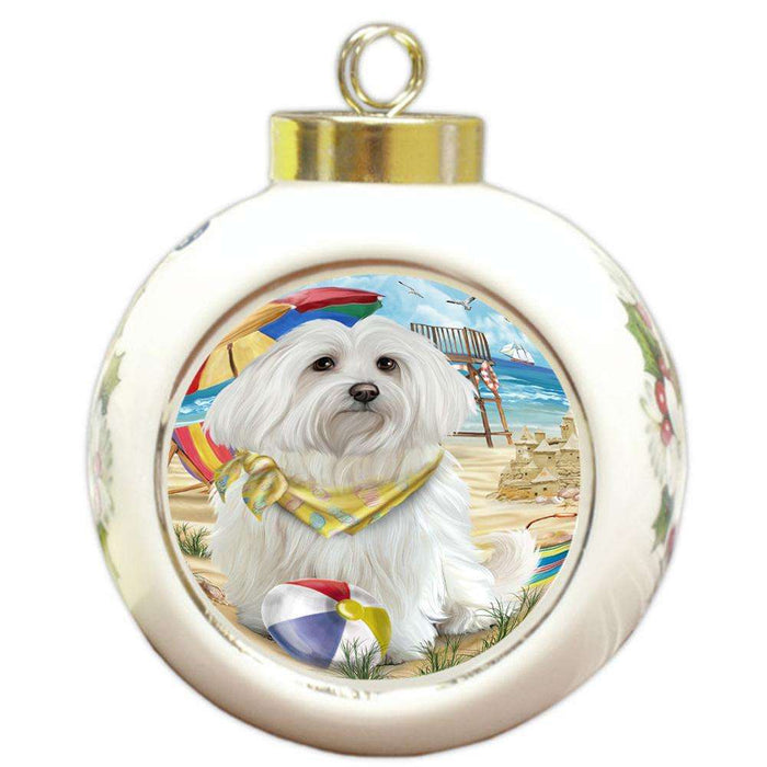 Pet Friendly Beach Maltese Dog Round Ball Christmas Ornament RBPOR50057