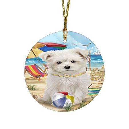 Pet Friendly Beach Maltese Dog Round Flat Christmas Ornament RFPOR50044