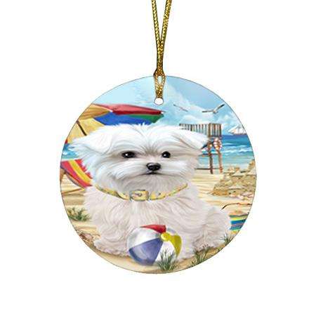 Pet Friendly Beach Maltese Dog Round Flat Christmas Ornament RFPOR50045