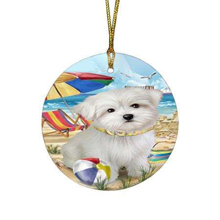 Pet Friendly Beach Maltese Dog Round Flat Christmas Ornament RFPOR50046