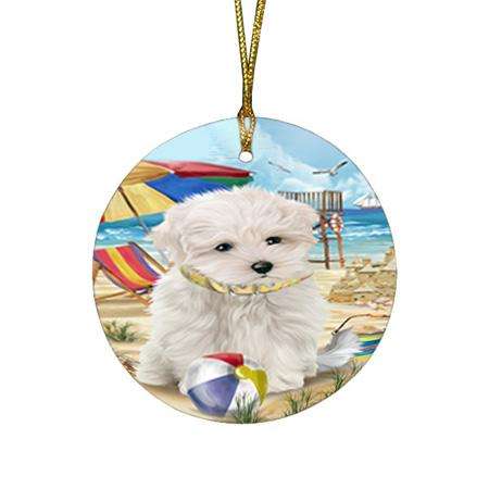 Pet Friendly Beach Maltese Dog Round Flat Christmas Ornament RFPOR50047