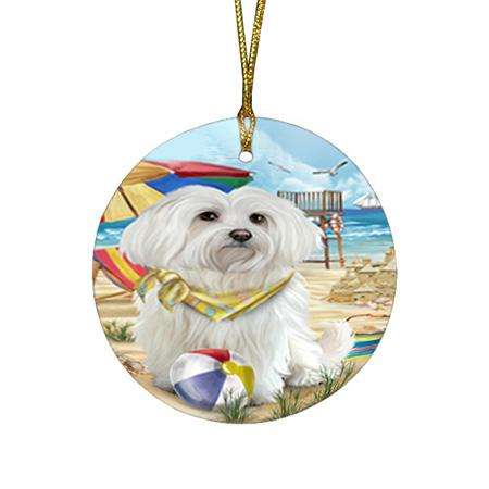 Pet Friendly Beach Maltese Dog Round Flat Christmas Ornament RFPOR50048
