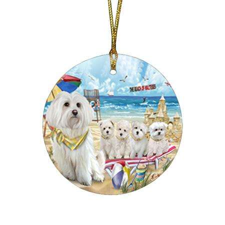 Pet Friendly Beach Malteses Dog Round Flat Christmas Ornament RFPOR50043