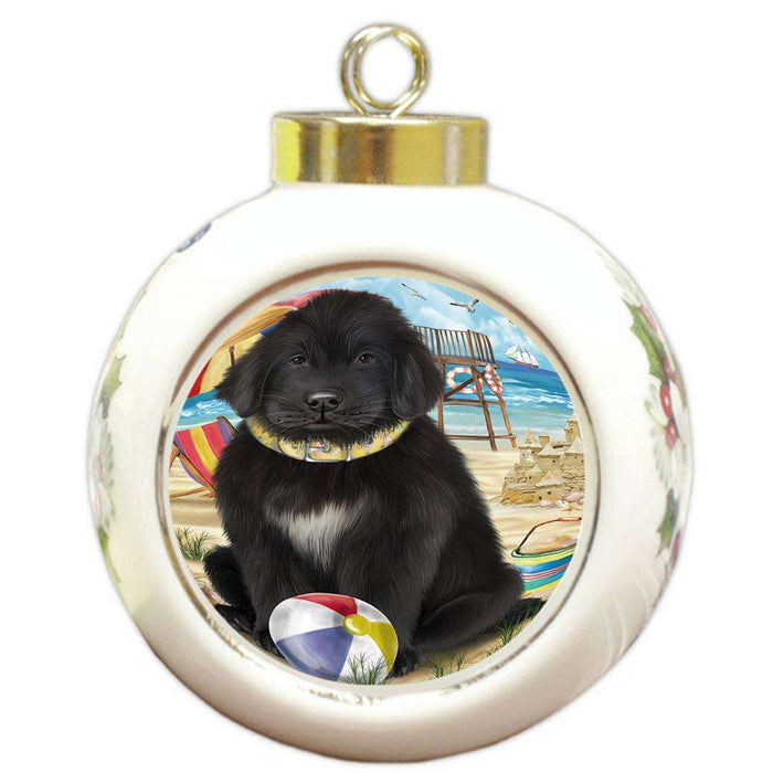 Pet Friendly Beach Newfoundland Dog Round Ball Christmas Ornament RBPOR54167