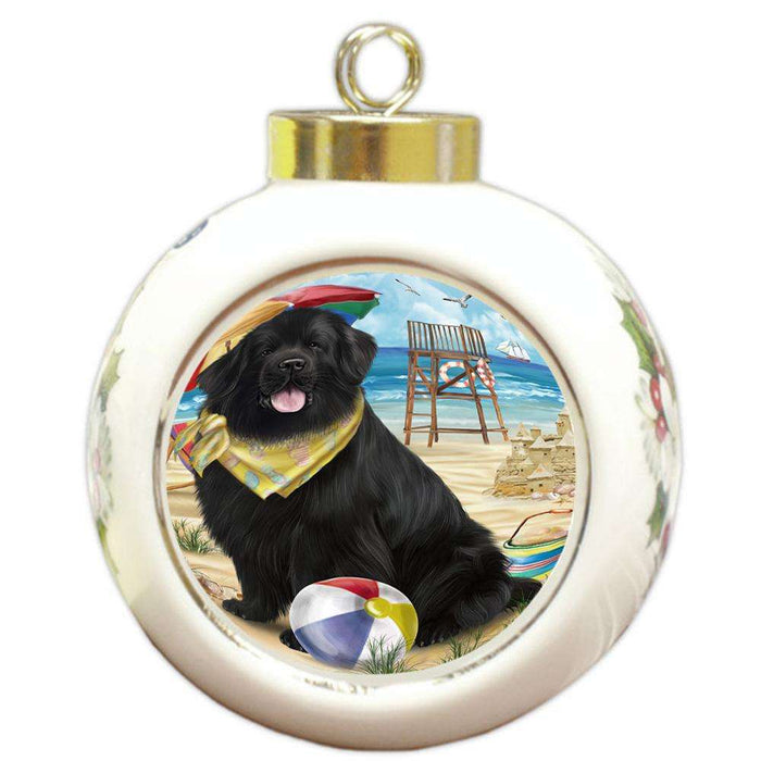 Pet Friendly Beach Newfoundland Dog Round Ball Christmas Ornament RBPOR54169