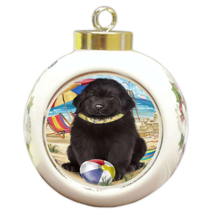 Pet Friendly Beach Newfoundland Dog Round Ball Christmas Ornament RBPOR54170
