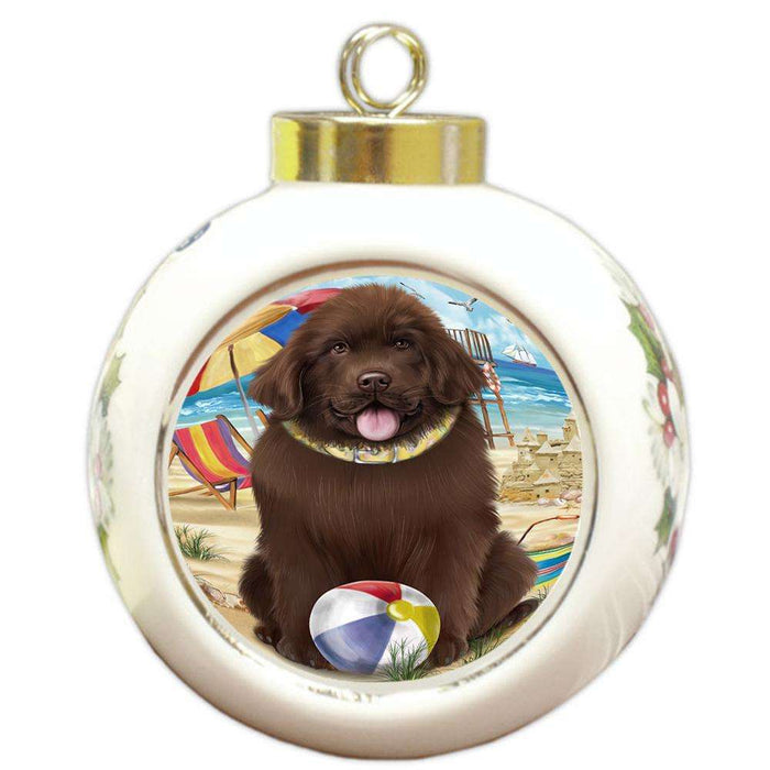 Pet Friendly Beach Newfoundland Dog Round Ball Christmas Ornament RBPOR54172