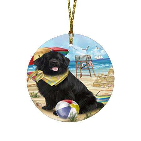 Pet Friendly Beach Newfoundland Dog Round Flat Christmas Ornament RFPOR54160